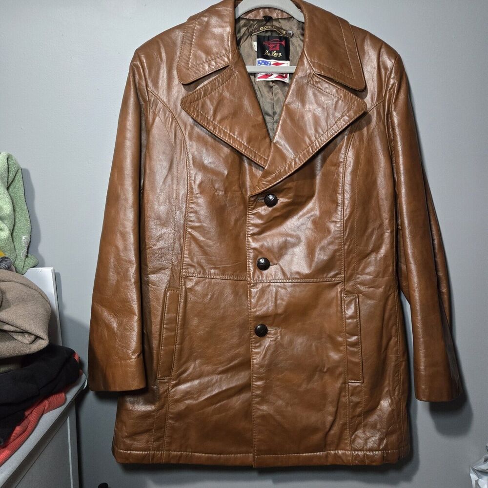 Delong Glove Cowhide Leather Coat Jacket USA‎ Retro 70’s Belted. Size 40 Vintage
